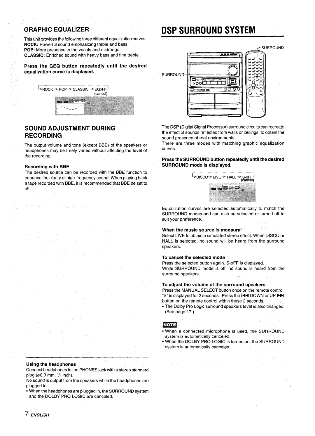 Aiwa NSX-AV900 manual DSP Surround System, Graphic Equalizer, Sound Adjustment During Recording 