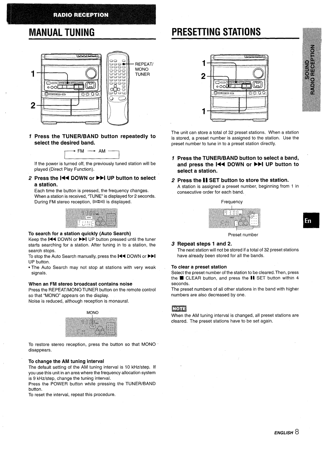 Aiwa NSX-AV900 manual Manual Tuning, Fm Am, Press the l Down or WI UP button to select a station, Repeat steps 1 