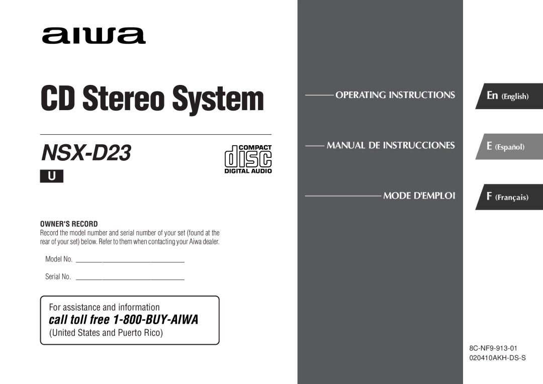 Aiwa NSX-D23 manual Owners Record, Model No Serial No 