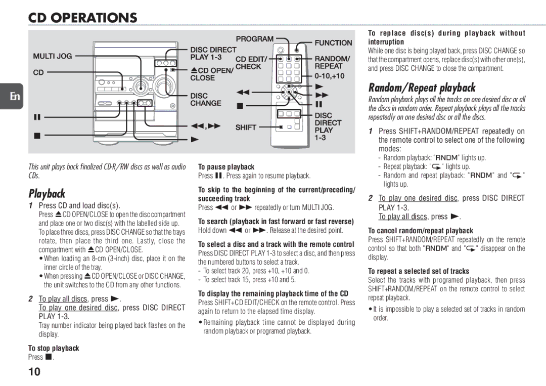 Aiwa NSX-D23 manual CD Operations, Random/Repeat playback, Playback 