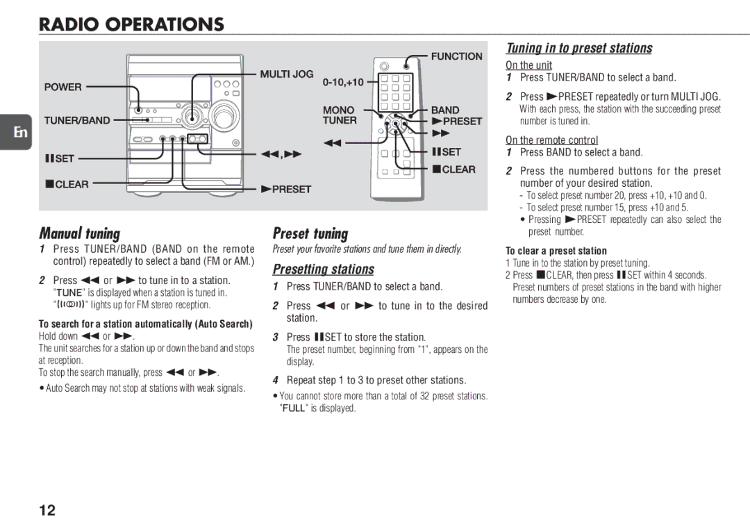 Aiwa NSX-D23 manual Radio Operations, Manual tuning, Preset tuning, To clear a preset station 