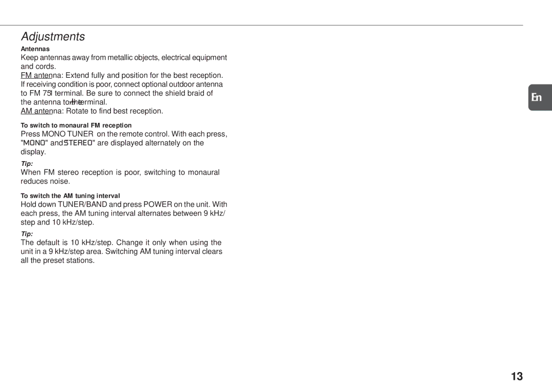 Aiwa NSX-D23 manual Adjustments, Antennas, AM antenna Rotate to find best reception, To switch to monaural FM reception 