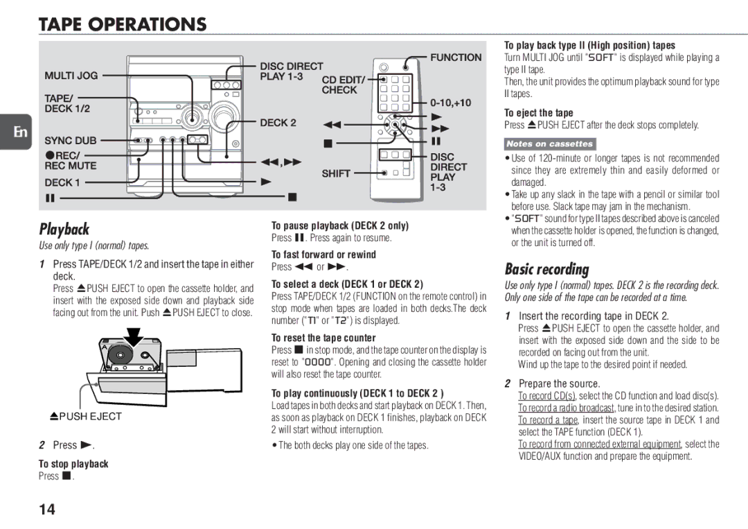 Aiwa NSX-D23 manual Tape Operations, Basic recording 