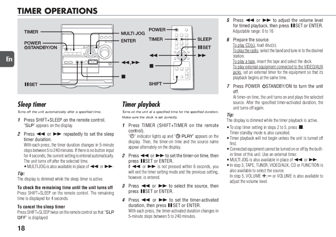 Aiwa NSX-D23 manual Timer Operations, Sleep timer, Timer playback, To cancel the sleep timer 