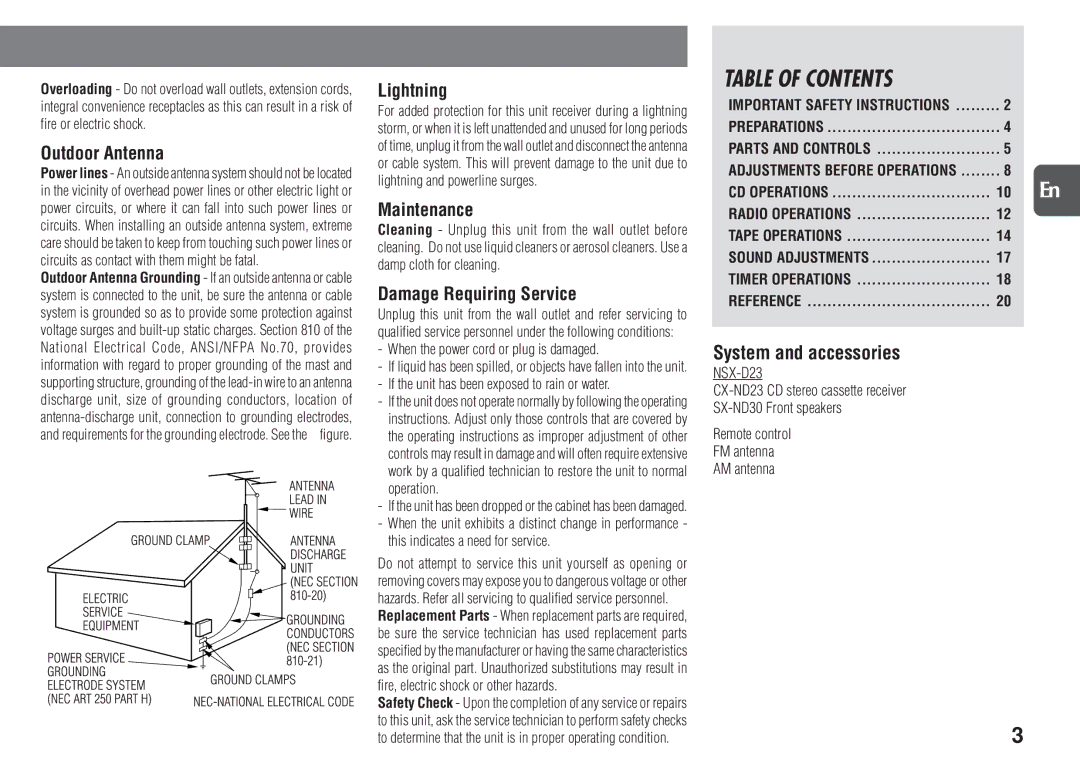 Aiwa NSX-D23 manual Table of Contents 