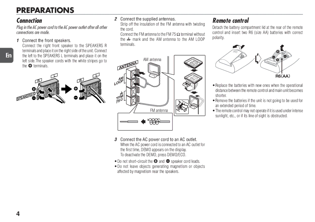 Aiwa NSX-D23 manual Preparations, Connection, Remote control 