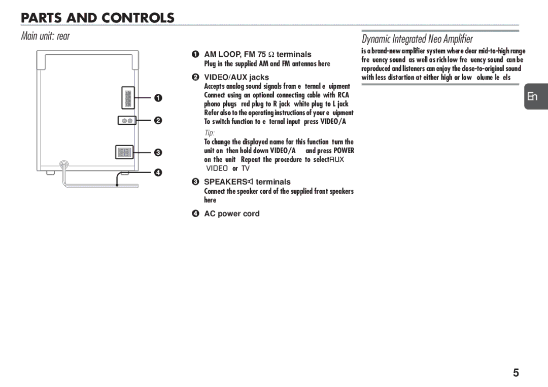 Aiwa NSX-D23 manual Parts and Controls, Main unit rear, Dynamic Integrated Neo Amplifier 