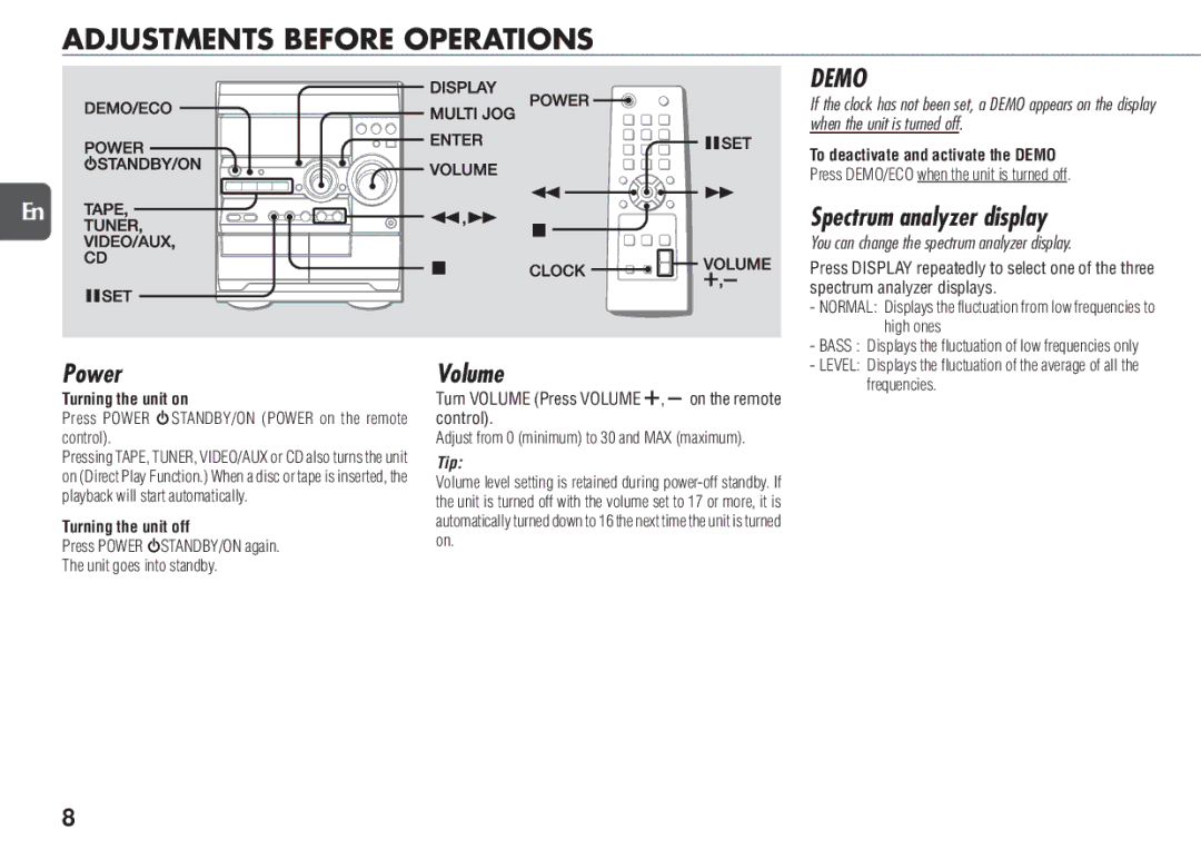 Aiwa NSX-D23 manual Adjustments Before Operations, Spectrum analyzer display, Power, Volume 