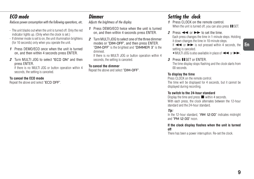 Aiwa NSX-D23 manual ECO mode, Dimmer, Setting the clock 