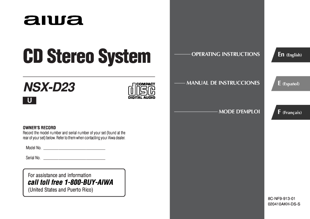 Aiwa NSX-D23 manual For assistance and information, United States and Puerto Rico, CD Stereo System, Mode Demploi 