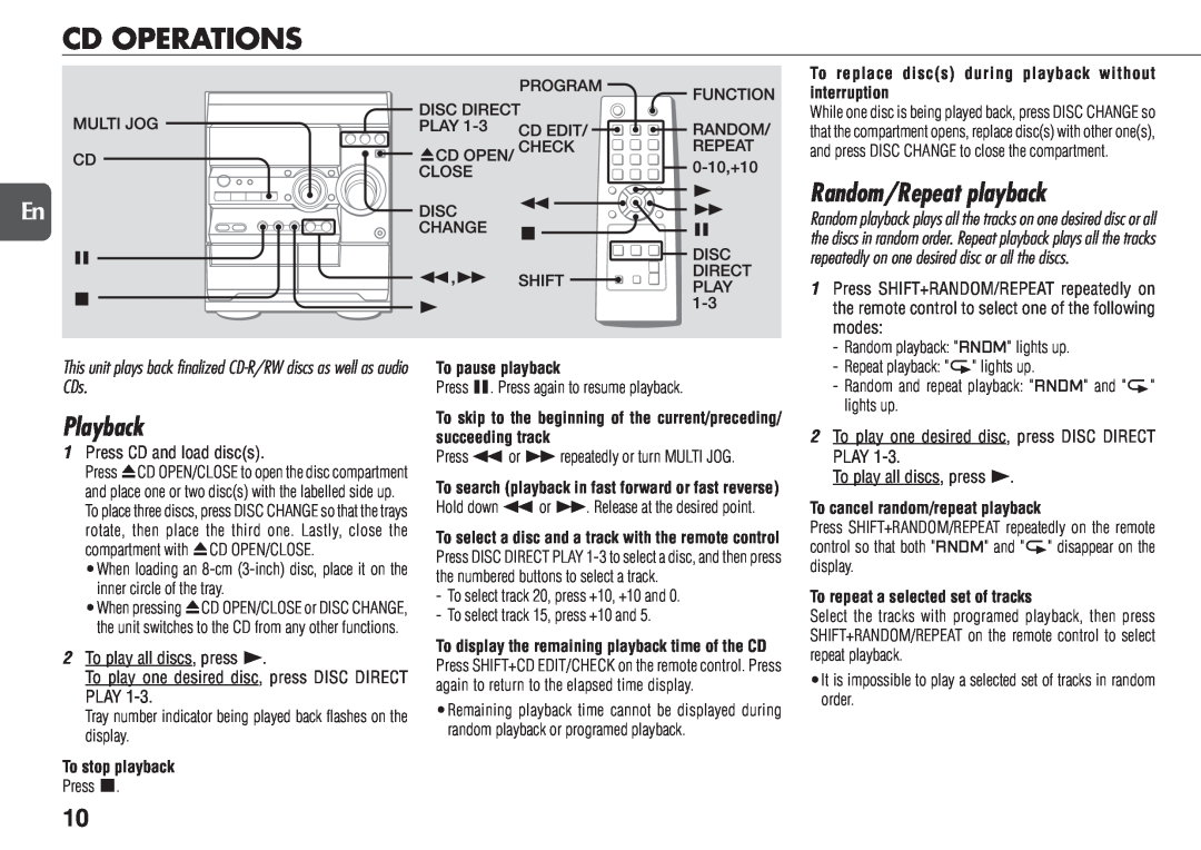 Aiwa NSX-D23 manual Cd Operations, Random/Repeat playback, Playback 