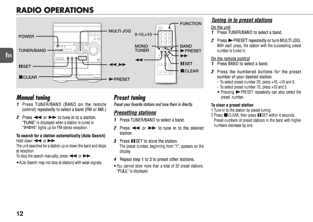 Aiwa NSX-D23 manual Radio Operations, Manual tuning, Preset tuning, Tuning in to preset stations, Presetting stations 