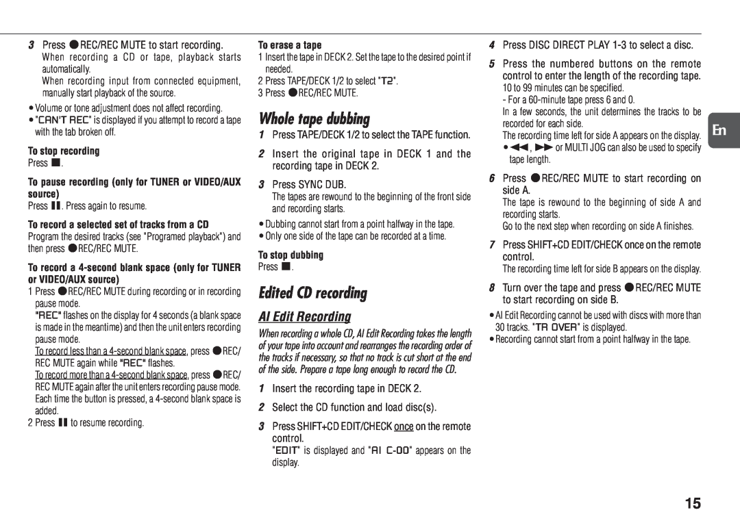 Aiwa NSX-D23 manual Whole tape dubbing, Edited CD recording, AI Edit Recording 