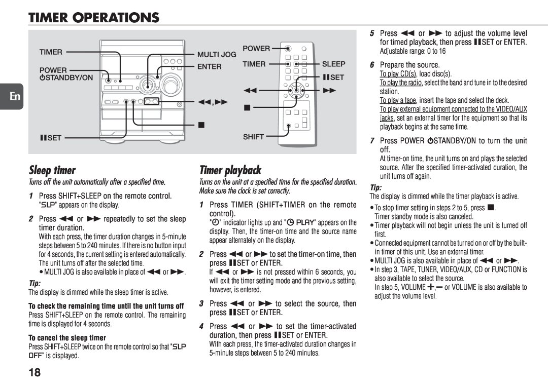 Aiwa NSX-D23 manual Timer Operations, Sleep timer, Timer playback 