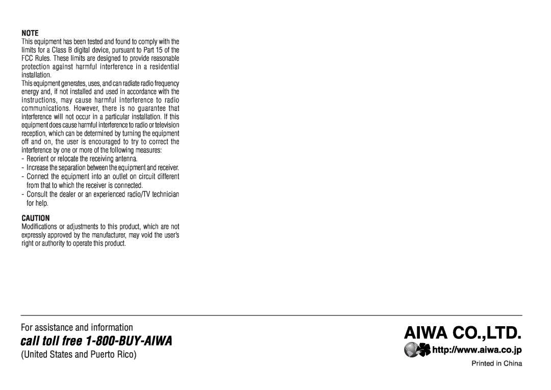 Aiwa NSX-D23 For assistance and information, United States and Puerto Rico, Reorient or relocate the receiving antenna 
