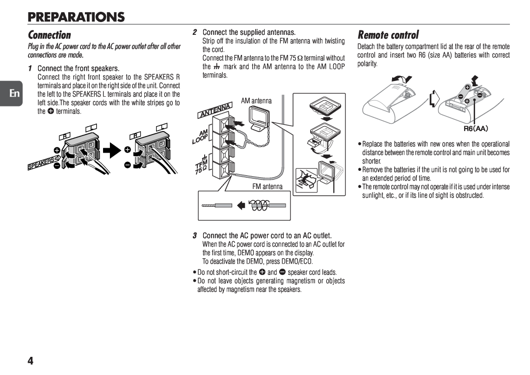 Aiwa NSX-D23 manual Preparations, Connection, Remote control 