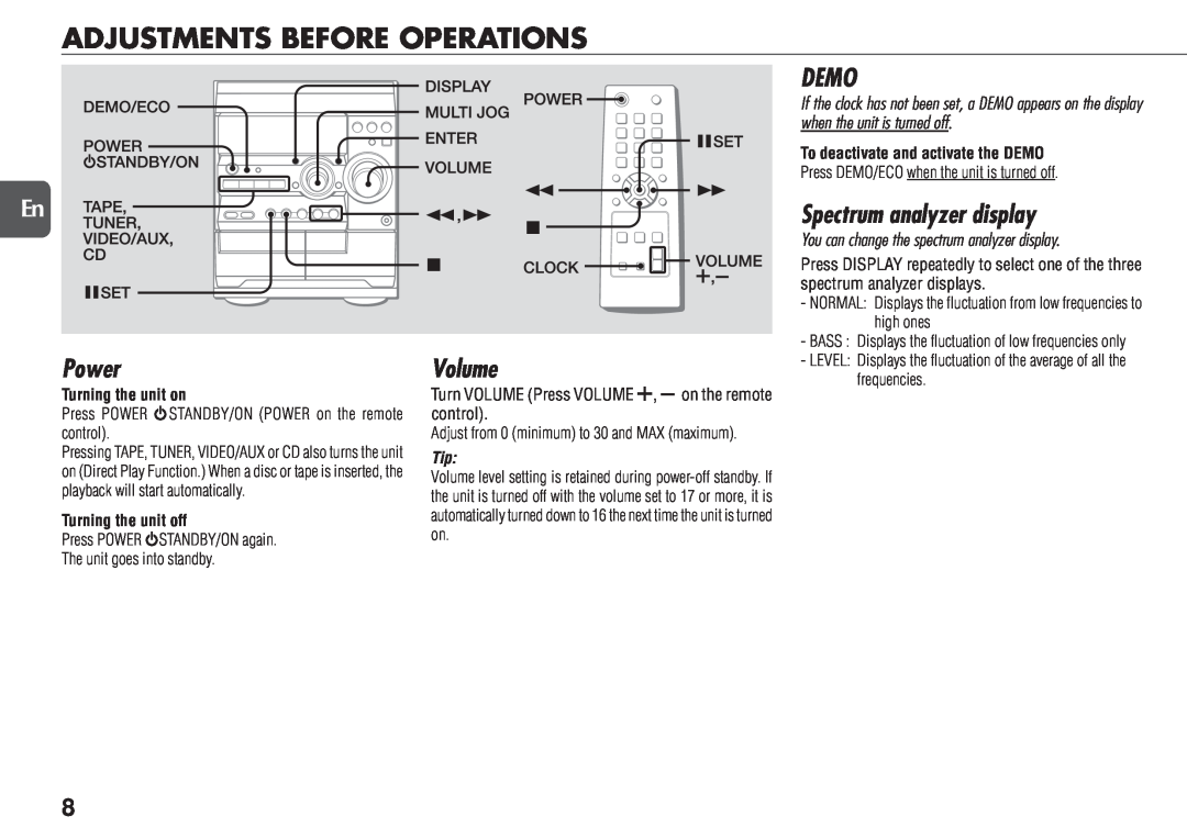 Aiwa NSX-D23 manual Adjustments Before Operations, Demo, Spectrum analyzer display, Power, Volume 