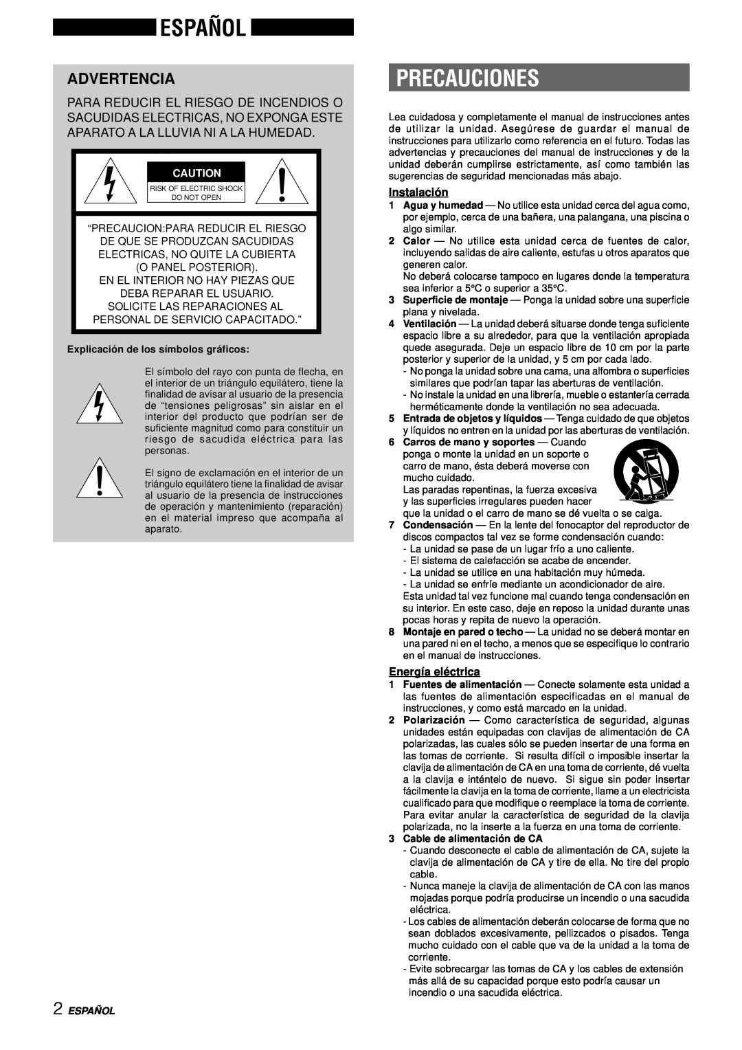 Aiwa NSX-DS8 manual Español, Precauciones, Advertencia, Instalació n, Energía elé ctrica, Españ Ol 