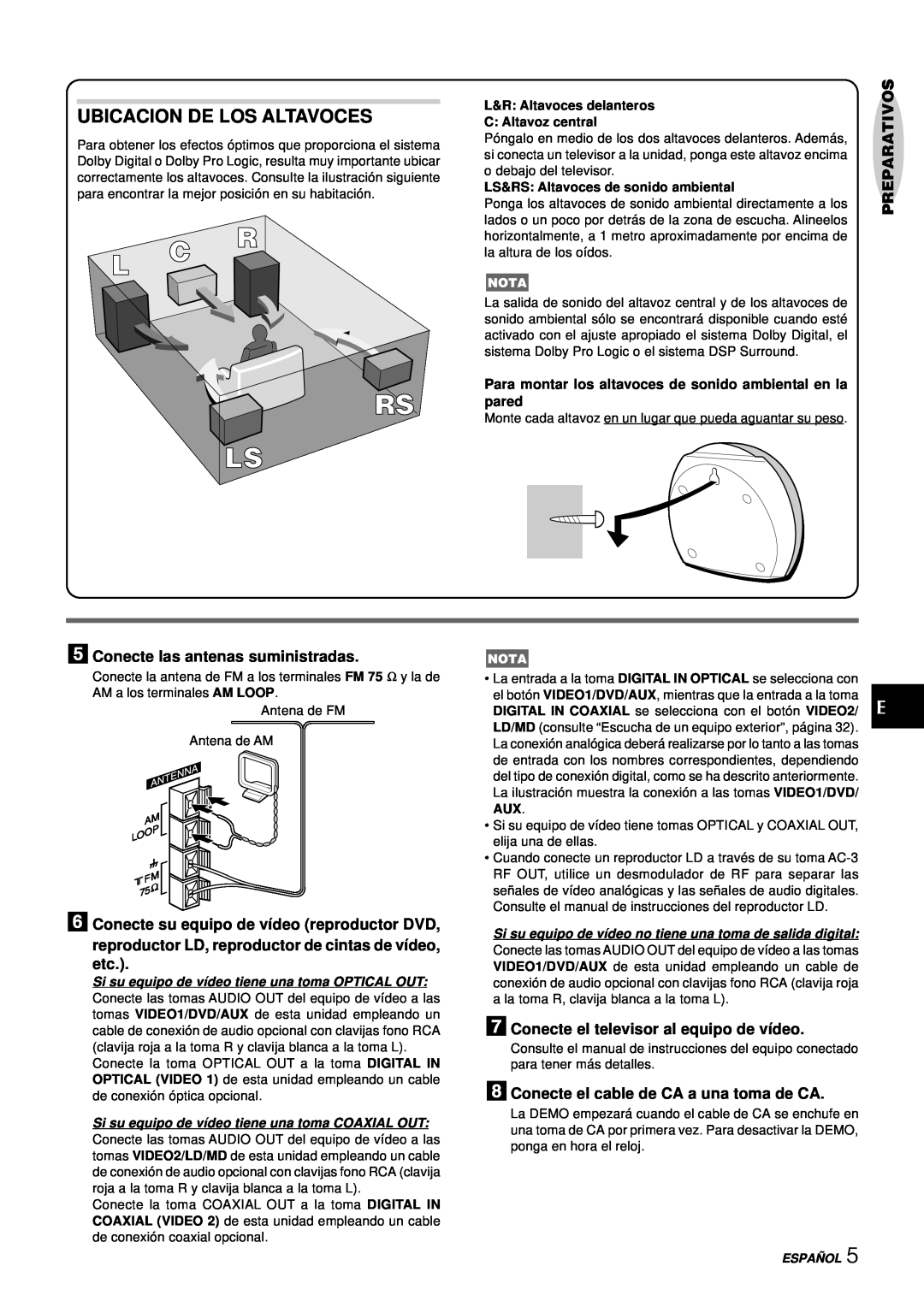 Aiwa NSX-DS8 manual Ubicacion De Los Altavoces, Preparativos, 5Conecte las antenas suministradas, Españ Ol 