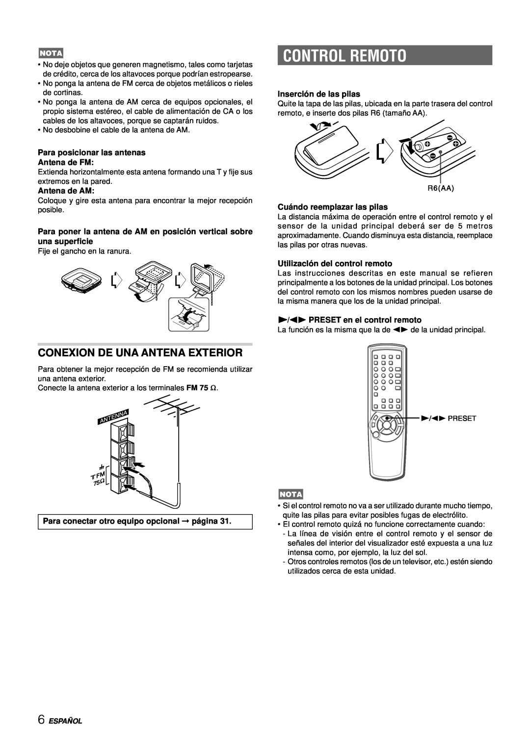 Aiwa NSX-DS8 manual Control Remoto, Conexion De Una Antena Exterior, Para posicionar las antenas Antena de FM, Antena de AM 