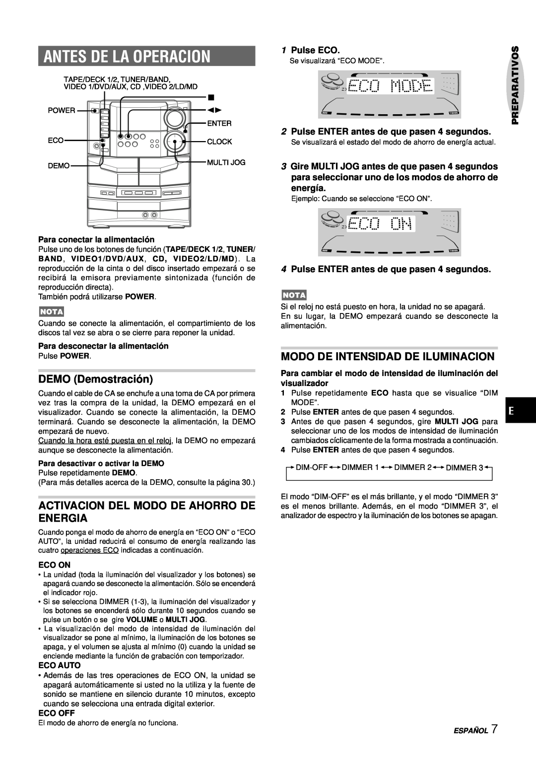 Aiwa NSX-DS8 manual Antes De La Operacion, DEMO Demostració n, Activacion Del Modo De Ahorro De Energia, Pulse ECO, energía 