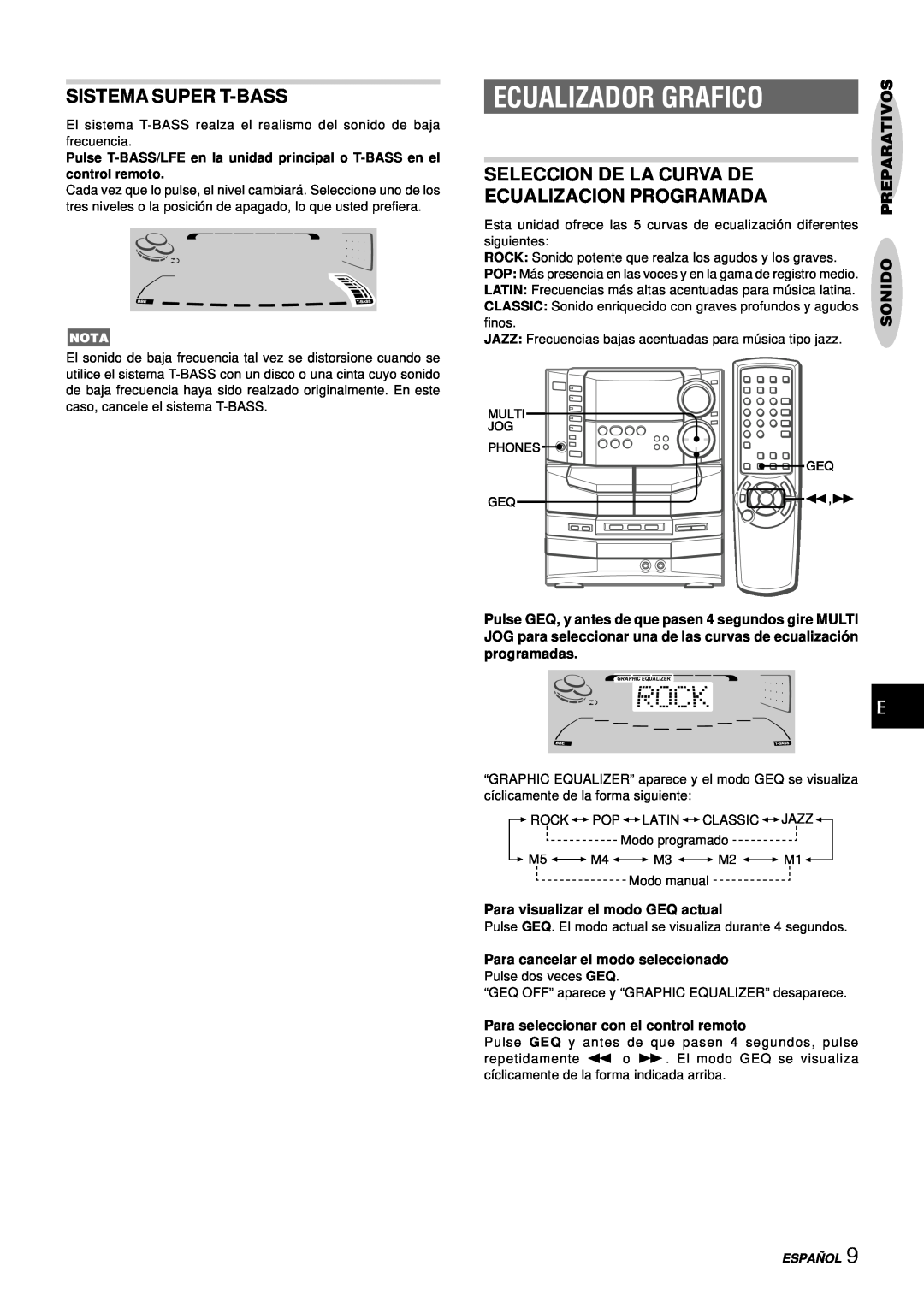 Aiwa NSX-DS8 Ecualizador Grafico, Sistema Super T-Bass, Seleccion De La Curva De, Ecualizacion Programada, Preparativos 