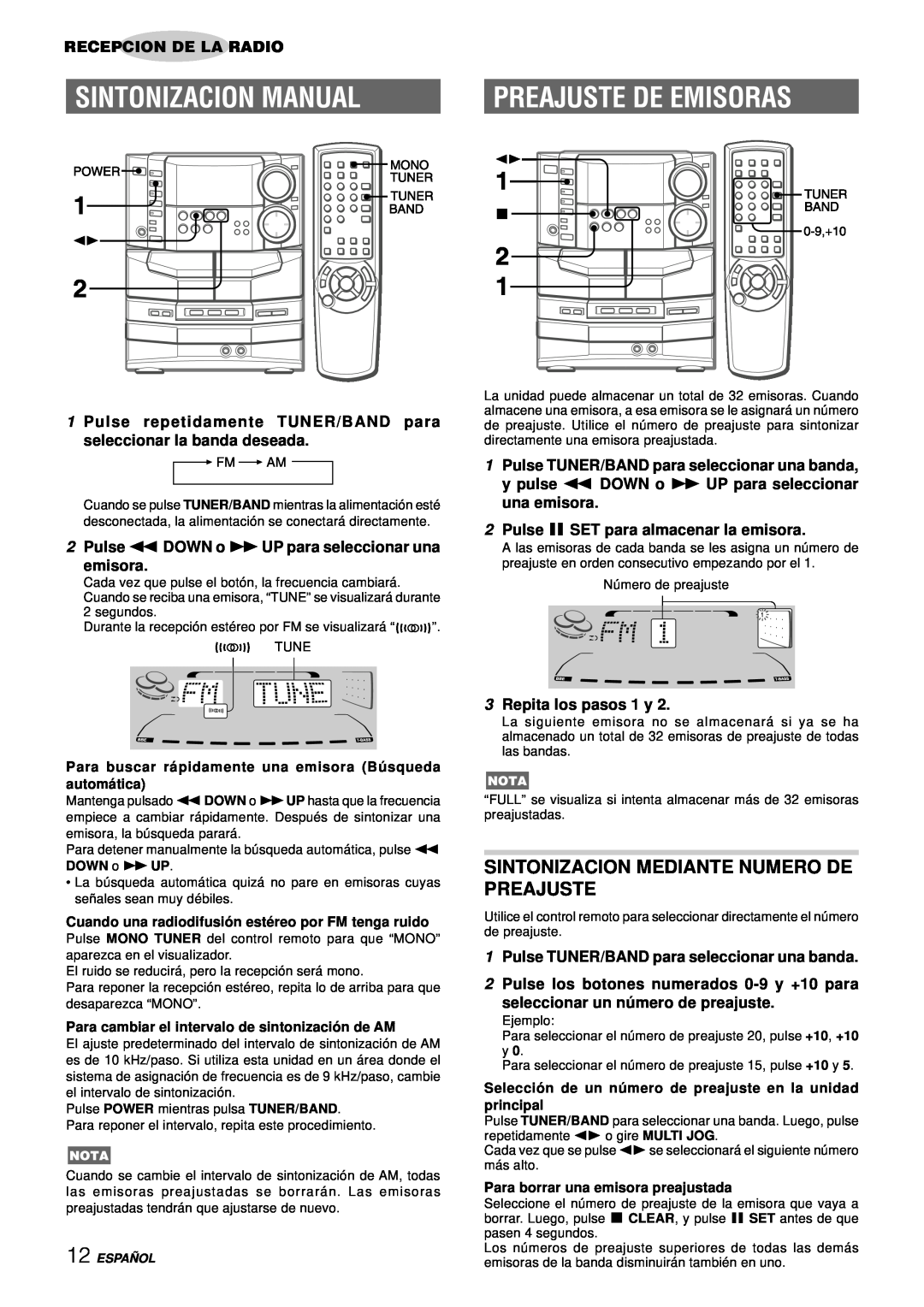 Aiwa NSX-DS8 manual Sintonizacion Manual, Preajuste De Emisoras, Sintonizacion Mediante Numero De Preajuste 