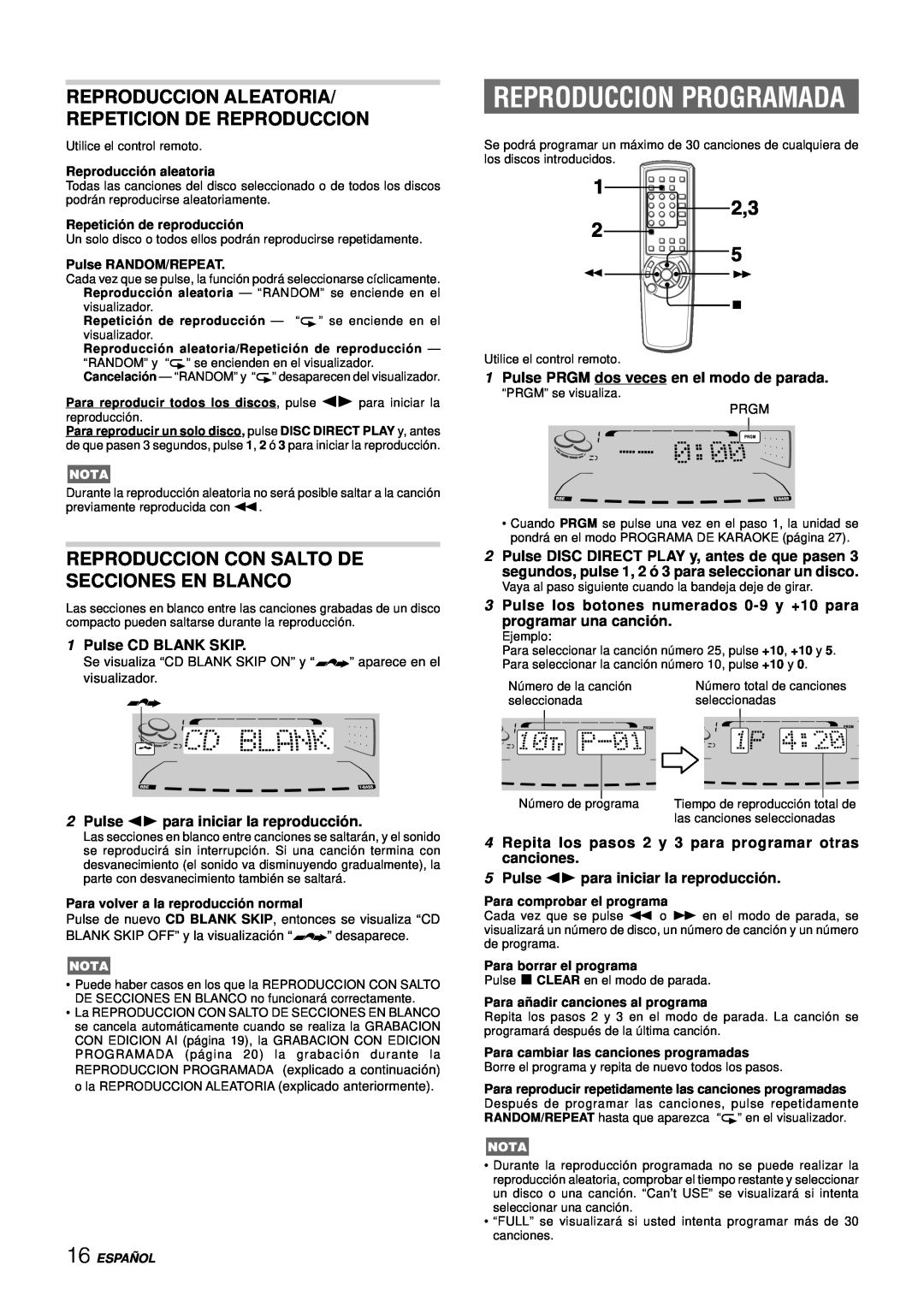 Aiwa NSX-DS8 manual Reproduccion Programada, Reproduccion Con Salto De Secciones En Blanco, 1Pulse CD BLANK SKIP, Españ Ol 