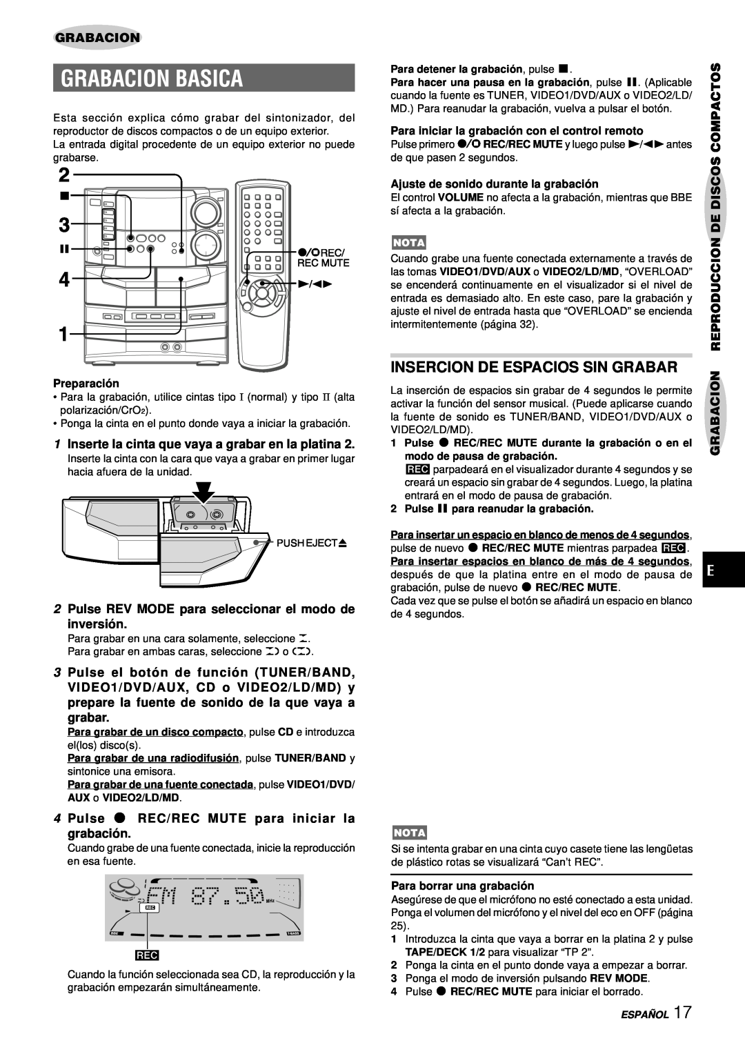 Aiwa NSX-DS8 manual Grabacion Basica, Insercion De Espacios Sin Grabar, 1Inserte la cinta que vaya a grabar en la platina 
