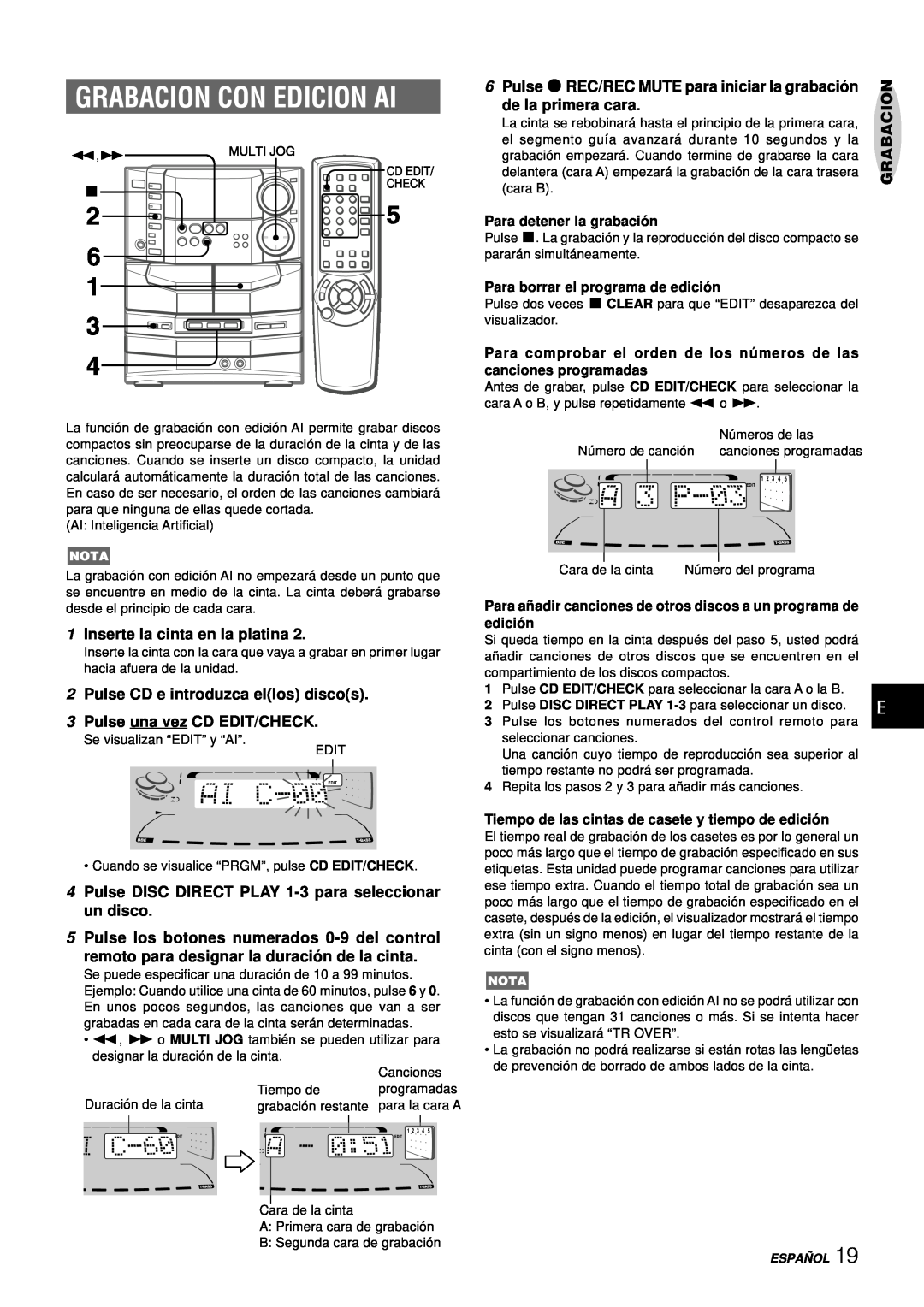 Aiwa NSX-DS8 manual Grabacion Con Edicion Ai, 6Pulse wREC/REC MUTE para iniciar la grabació n, de la primera cara 