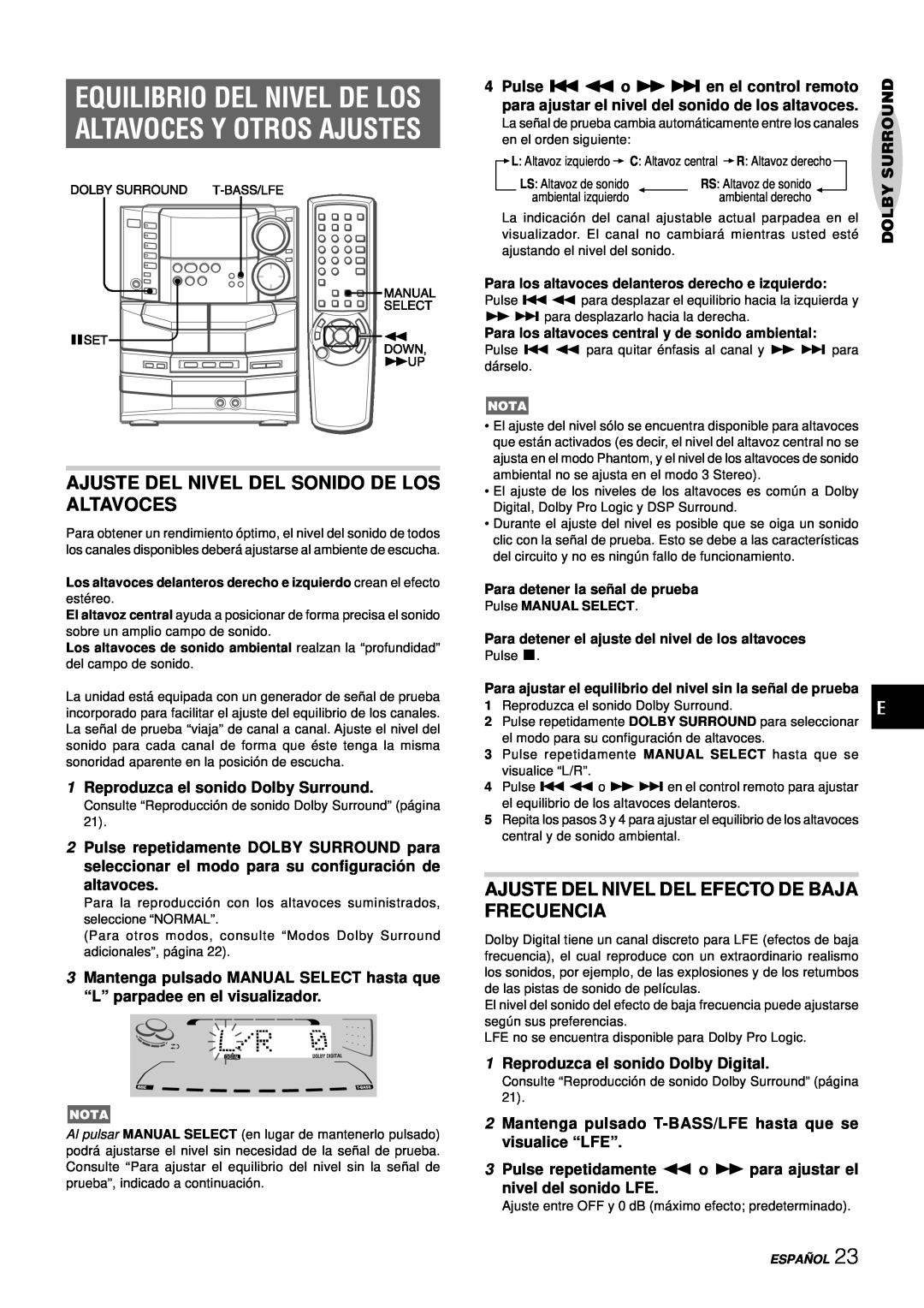 Aiwa NSX-DS8 manual Equilibrio Del Nivel De Los, Altavoces Y Otros Ajustes, Ajuste Del Nivel Del Sonido De Los Altavoces 