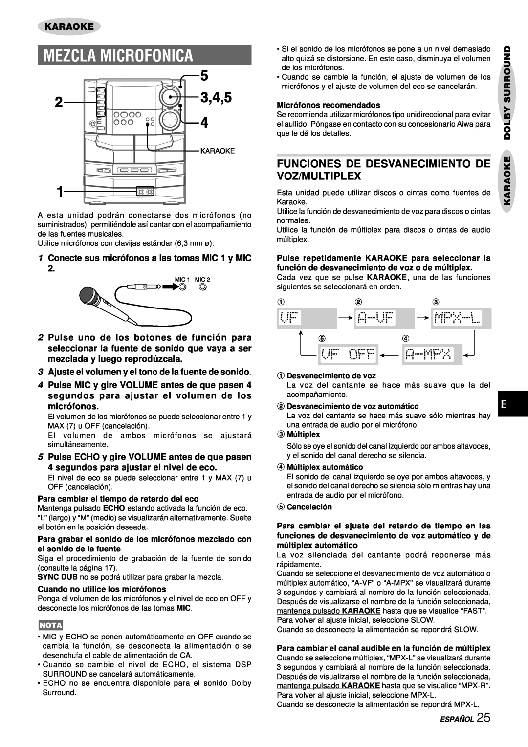 Aiwa NSX-DS8 manual Mezcla Microfonica, Funciones De Desvanecimiento De Voz/Multiplex, Karaoke, micró fonos 