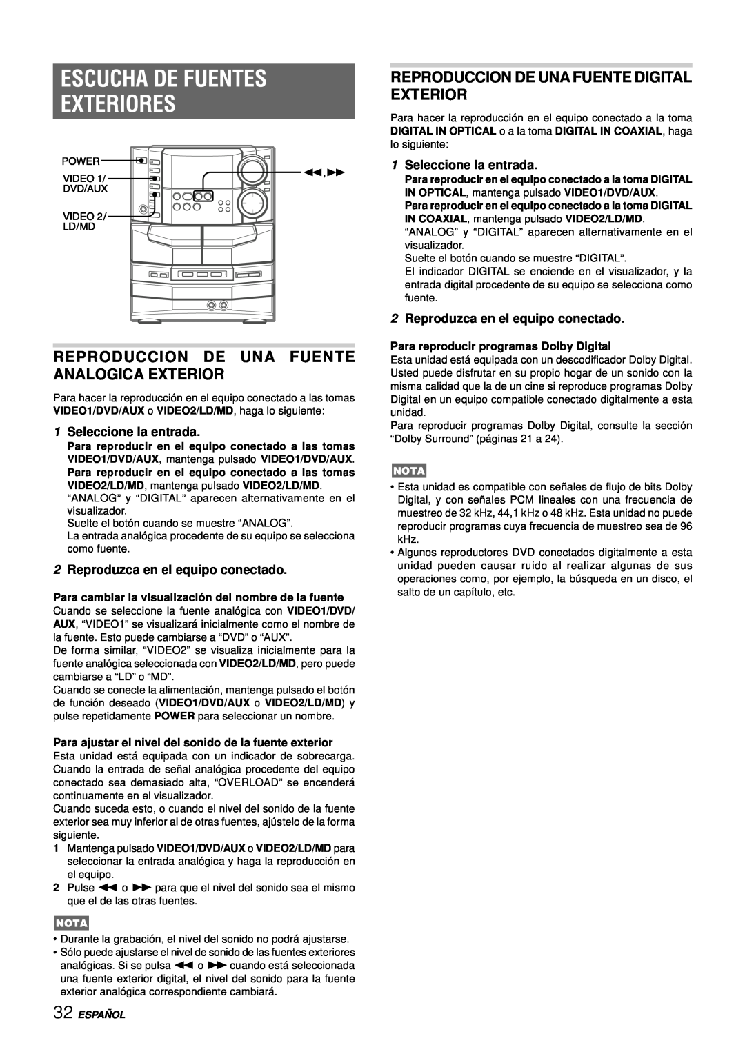 Aiwa NSX-DS8 manual Escucha De Fuentes Exteriores, Reproduccion De Una Fuente Analogica Exterior, 1Seleccione la entrada 