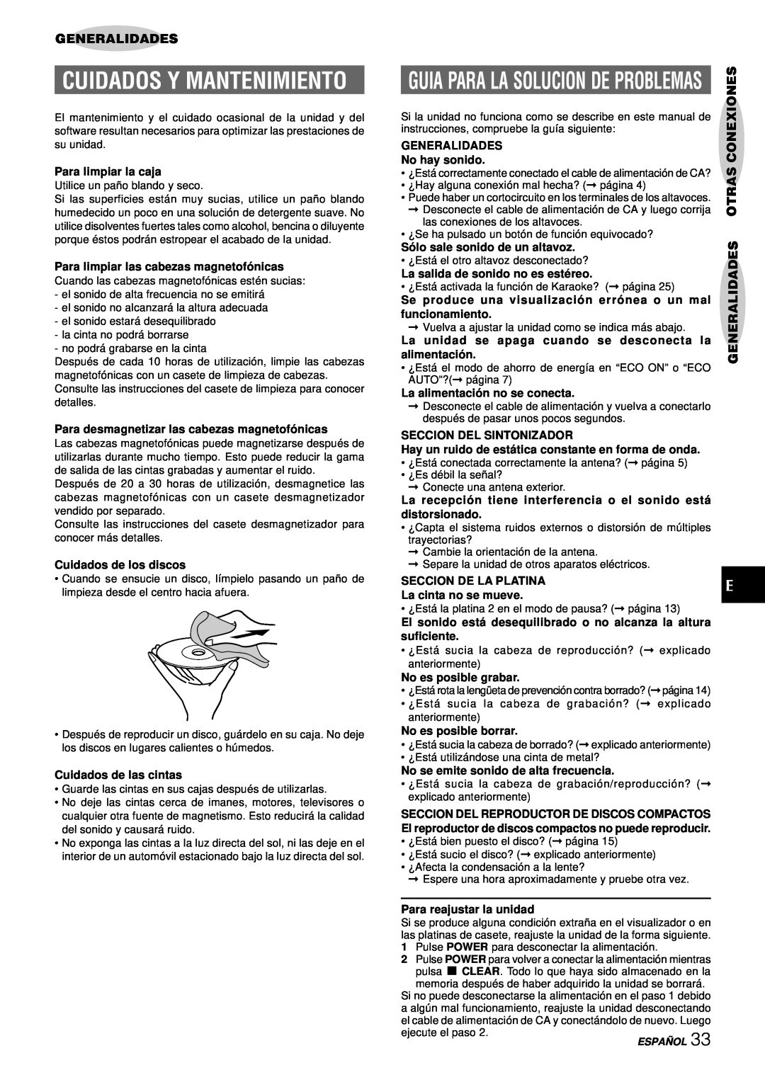 Aiwa NSX-DS8 manual Cuidados Y Mantenimiento, Guia Para La Solucion De Problemas, Generalidades Otras Conexiones 