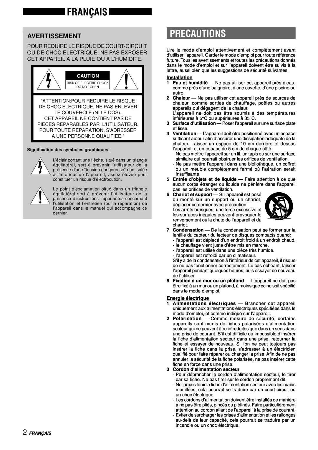 Aiwa NSX-DS8 Français, Avertissement, Precautions, “Attention Pour Reduire Le Risque, De Choc Electrique, Ne Pas Enlever 