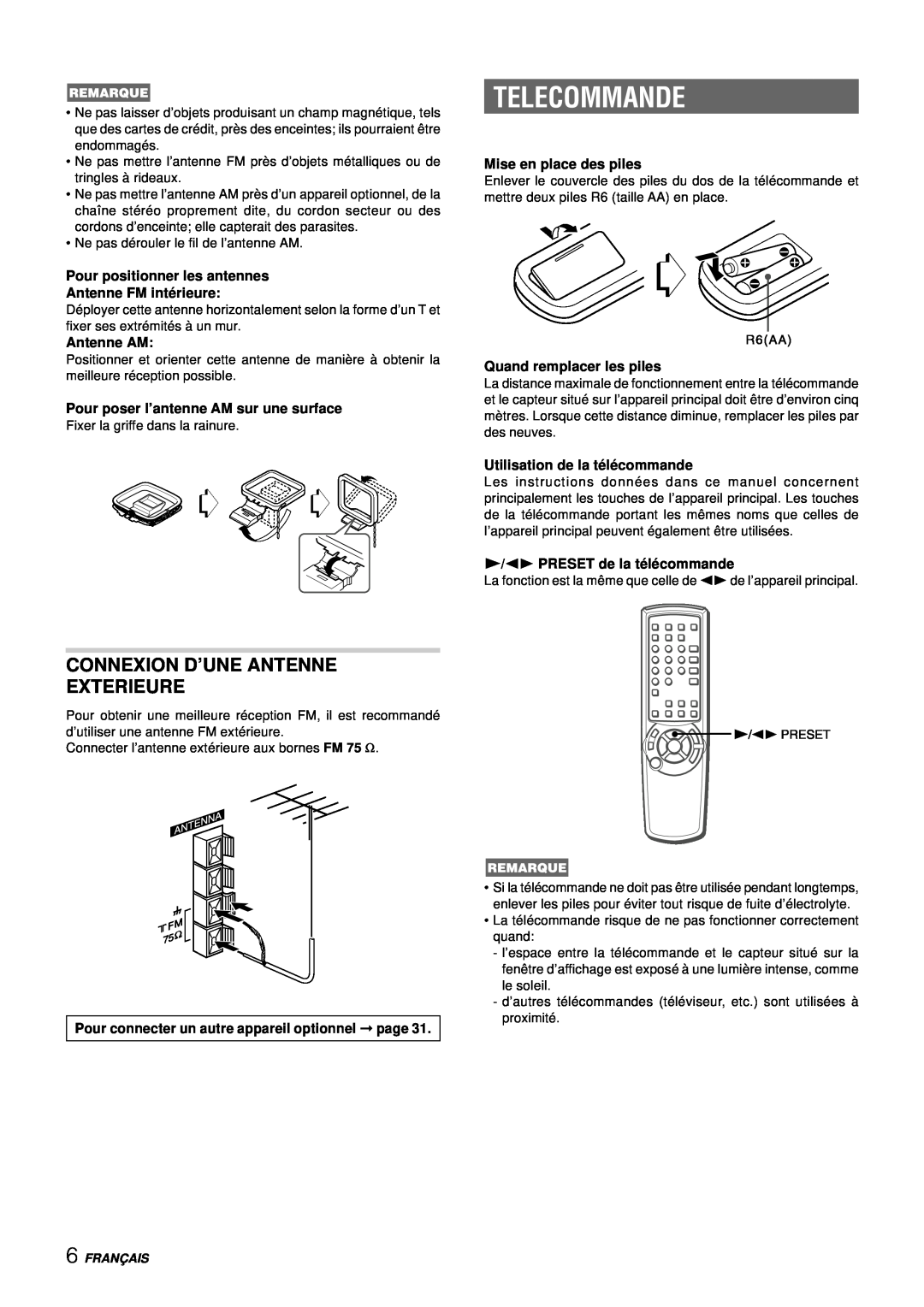 Aiwa NSX-DS8 manual Telecommande, Connexion D’Une Antenne Exterieure, Pour positionner les antennes, Antenne FM inté rieure 