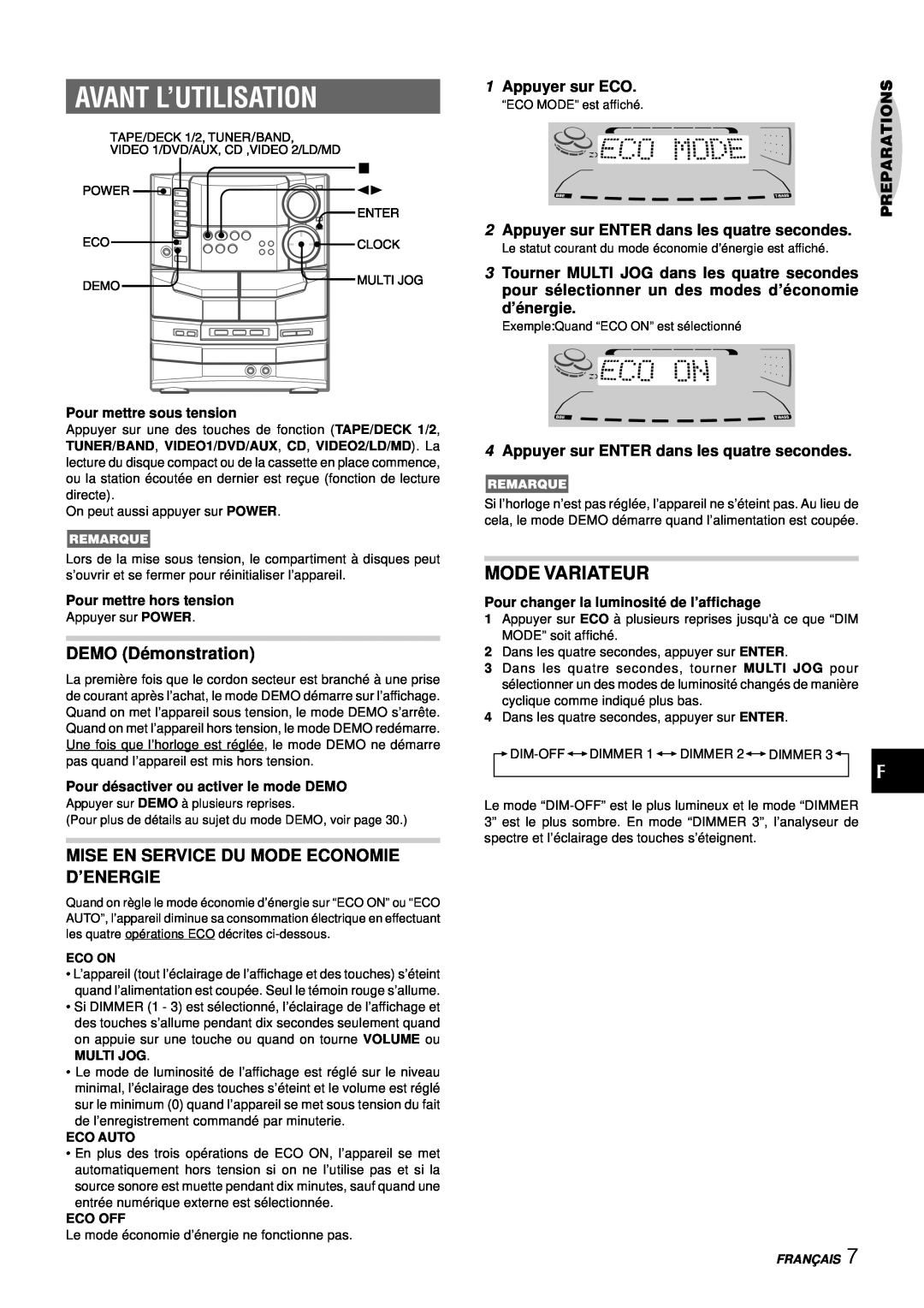 Aiwa NSX-DS8 manual Avant L’Utilisation, Mode Variateur, DEMO Dé monstration, Mise En Service Du Mode Economie D’Energie 