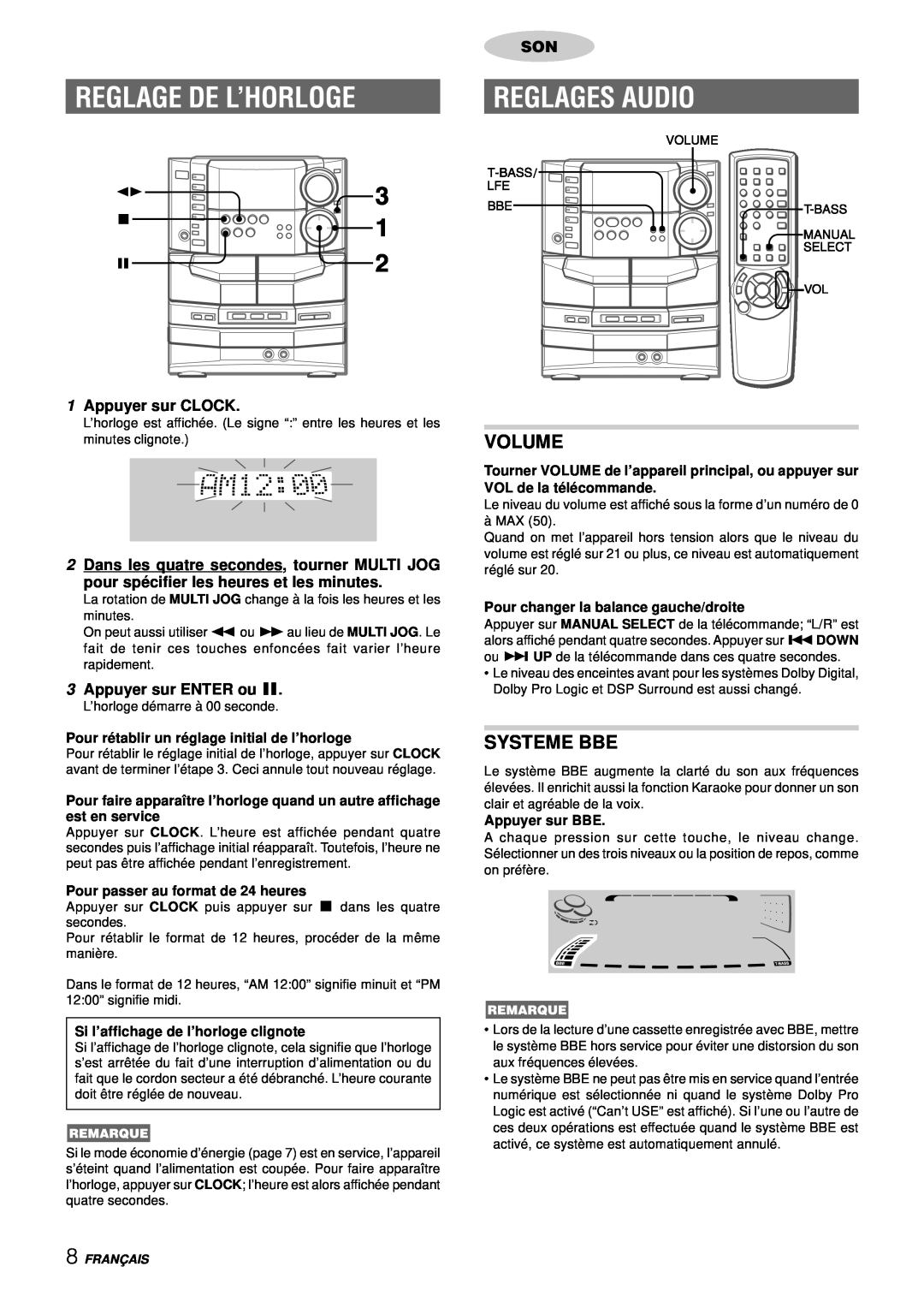 Aiwa NSX-DS8 manual Reglage De L’Horloge, Reglages Audio, Systeme Bbe, Volume, 1Appuyer sur CLOCK, 3Appuyer sur ENTER ou a 