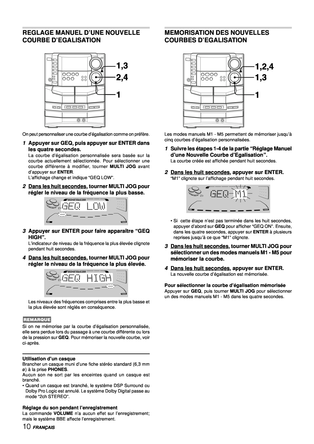 Aiwa NSX-DS8 manual Memorisation Des Nouvelles Courbes D’Egalisation, 1Appuyer sur GEQ, puis appuyer sur ENTER dans, High” 