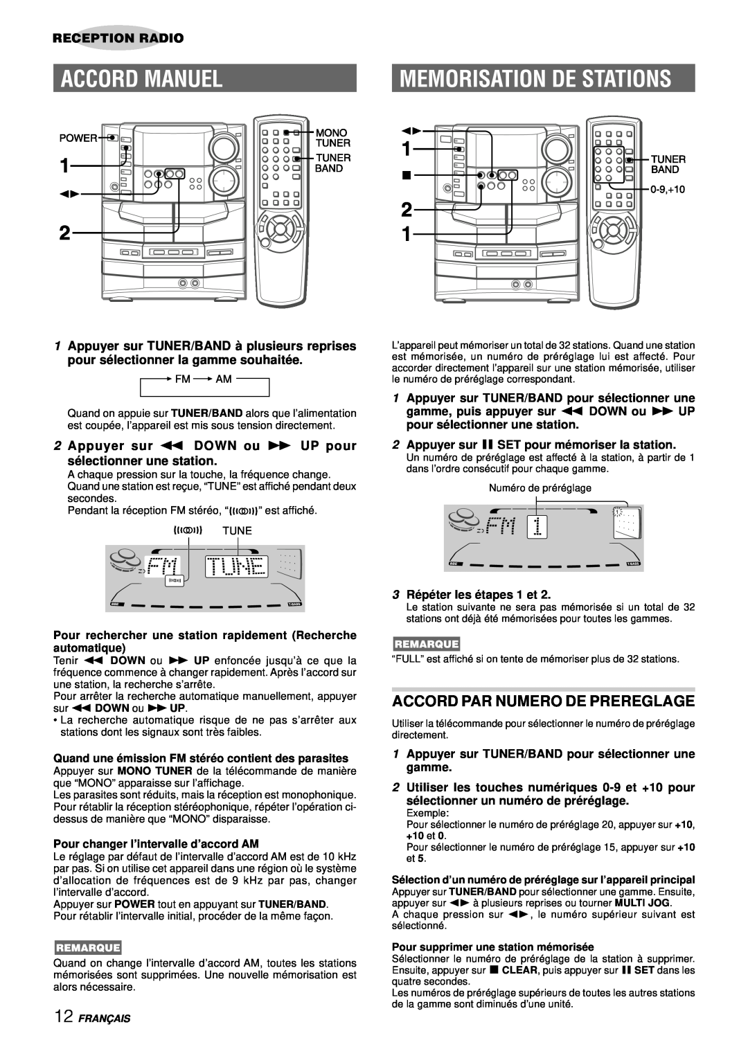 Aiwa NSX-DS8 manual Accord Manuel, Memorisation De Stations, Accord Par Numero De Prereglage, Reception Radio 
