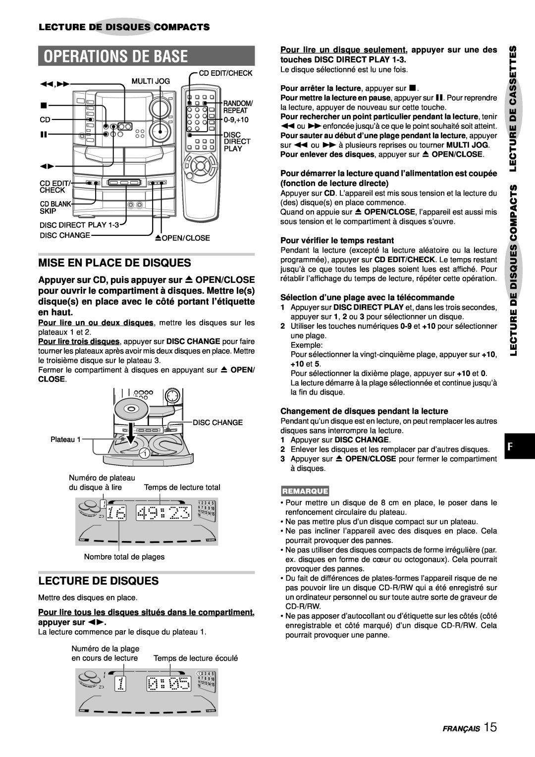 Aiwa NSX-DS8 manual Mise En Place De Disques, Operations De Base, Lecture De Disques Compacts, Cassettes, appuyer sur d 