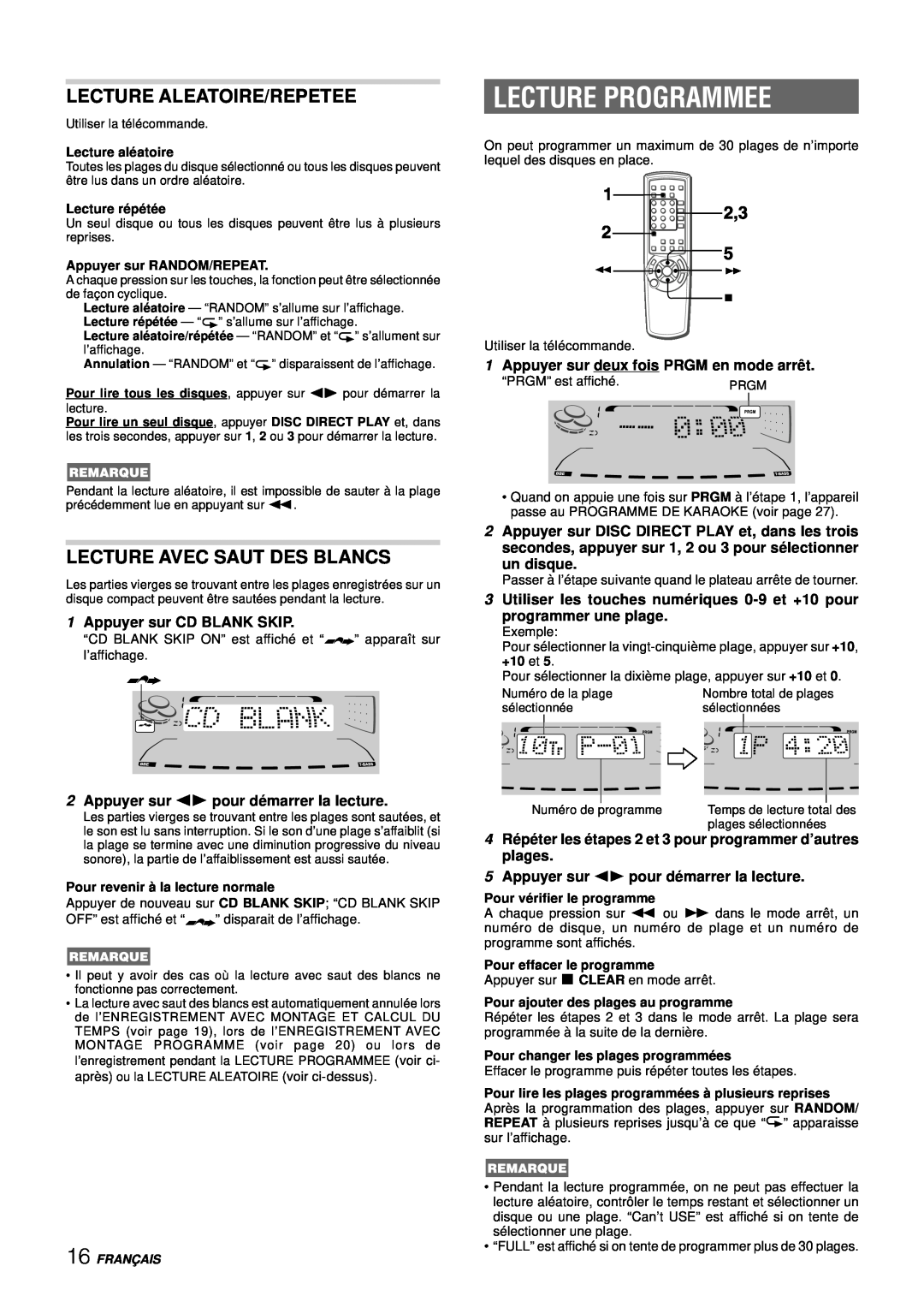Aiwa NSX-DS8 manual Lecture Programmee, Lecture Aleatoire/Repetee, Lecture Avec Saut Des Blancs, 1Appuyer sur CD BLANK SKIP 