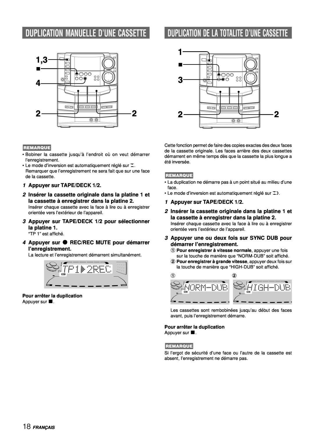 Aiwa NSX-DS8 Duplication Manuelle D’Une Cassette, 1Appuyer sur TAPE/DECK 1/2, la cassette à enregistrer dans la platine 