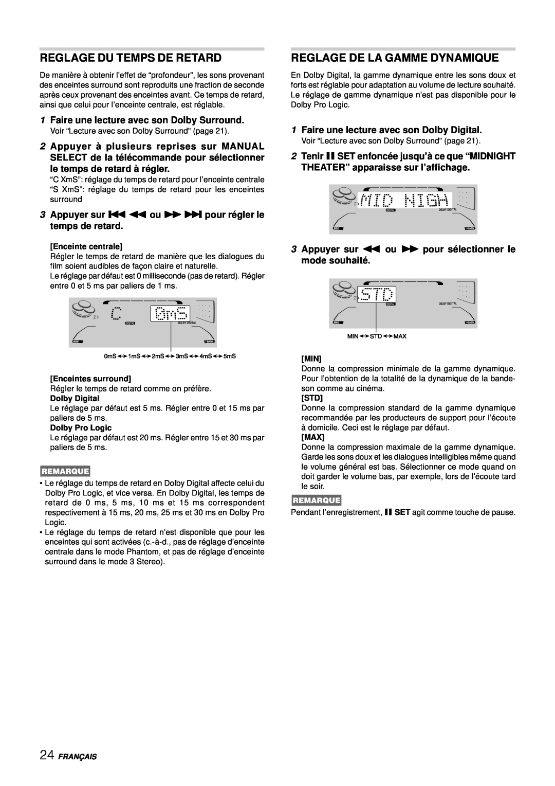 Aiwa NSX-DS8 manual Reglage Du Temps De Retard, Reglage De La Gamme Dynamique, 1Faire une lecture avec son Dolby Surround 