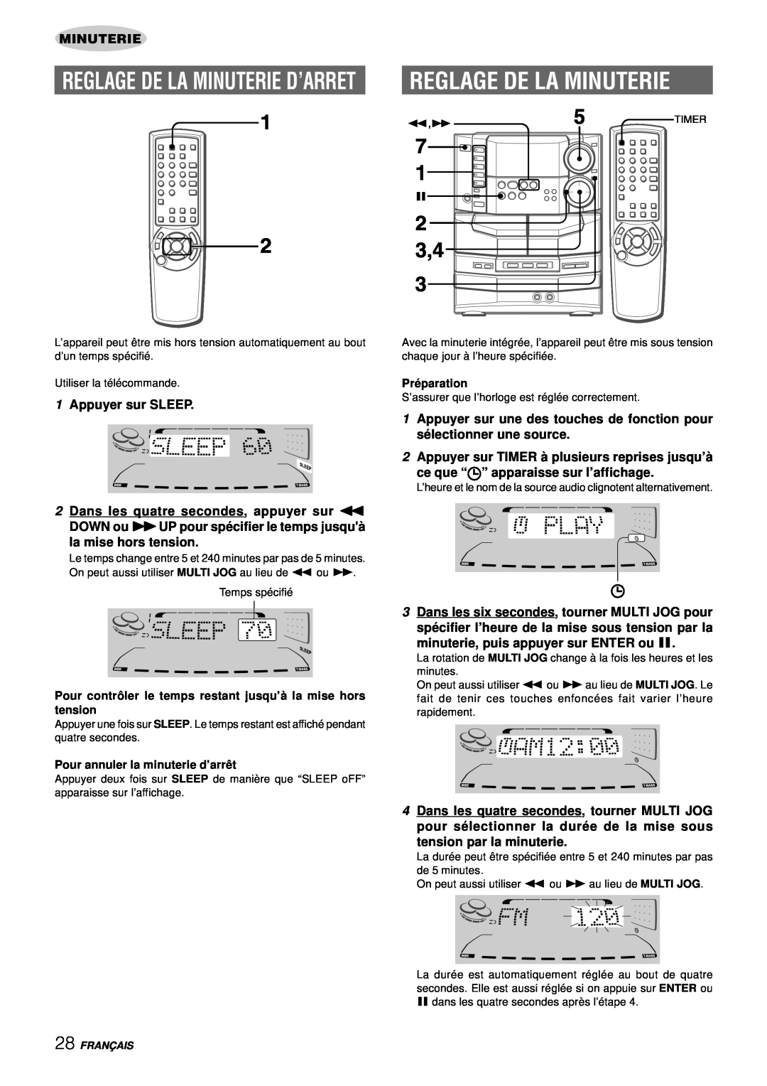 Aiwa NSX-DS8 manual Reglage De La Minuterie D’Arret, 1Appuyer sur SLEEP, 2Appuyer sur TIMER à plusieurs reprises jusqu’à 