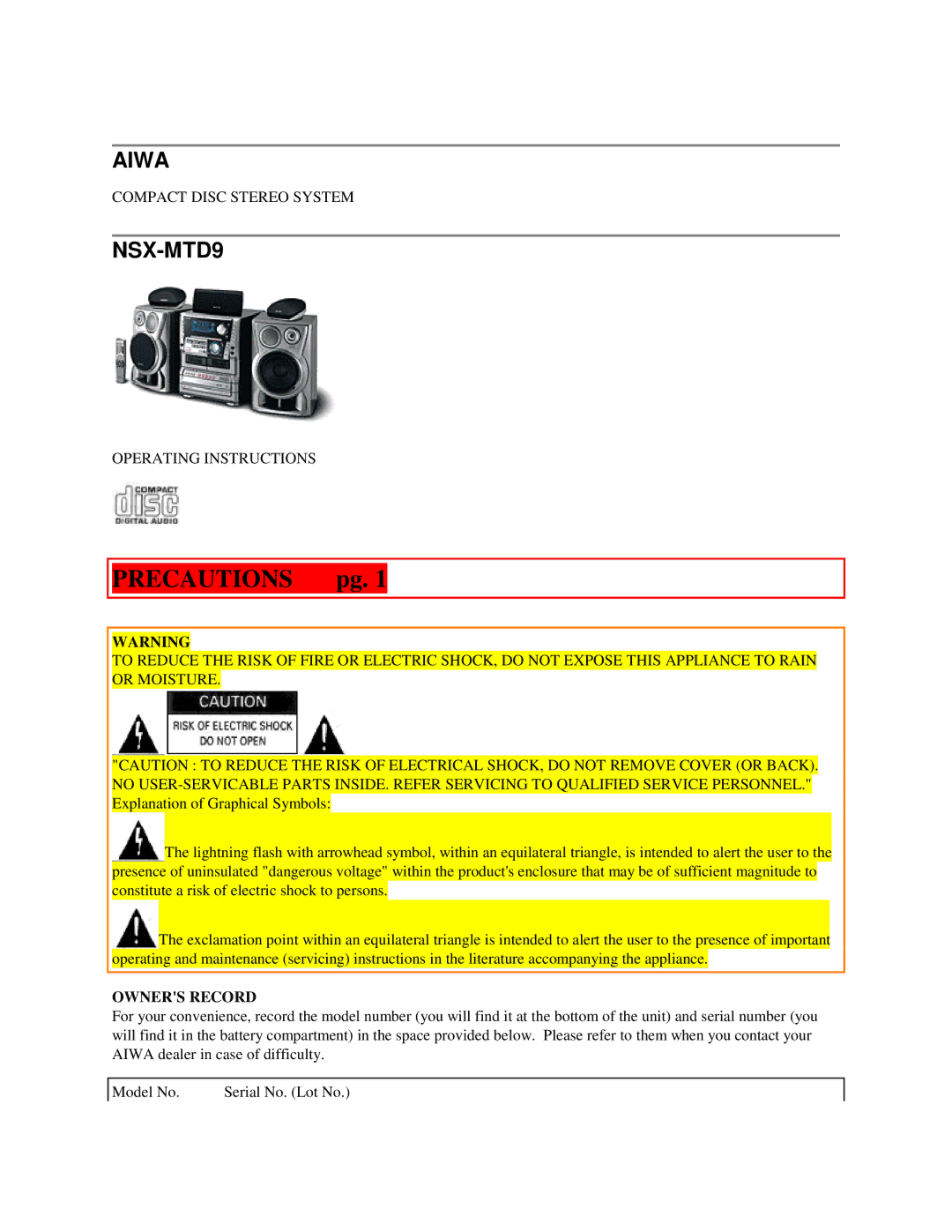 Aiwa NSX-MTD9 manual Precautions pg, Aiwa, Owners Record 