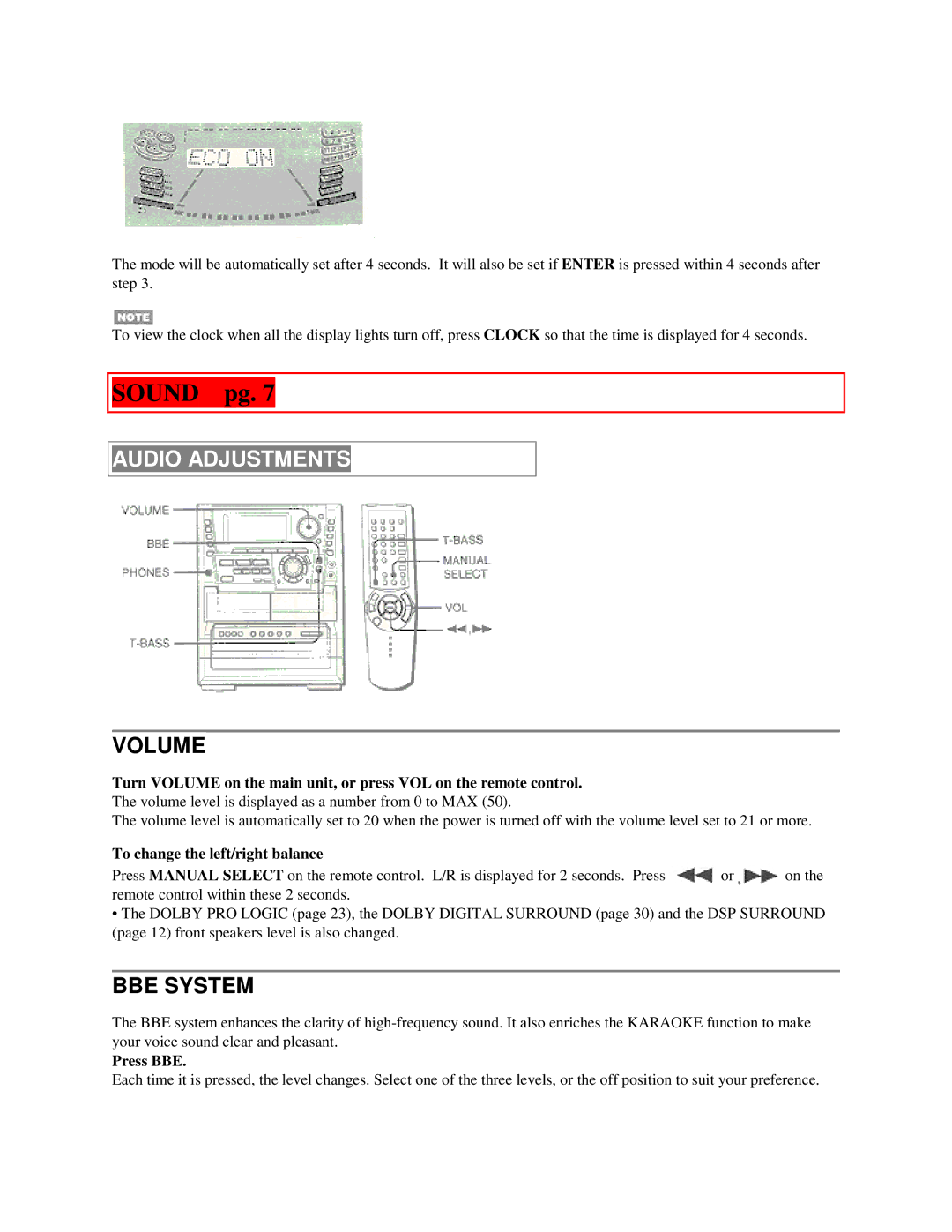 Aiwa NSX-MTD9 manual Sound pg, Audio Adjustments, Volume, BBE System 