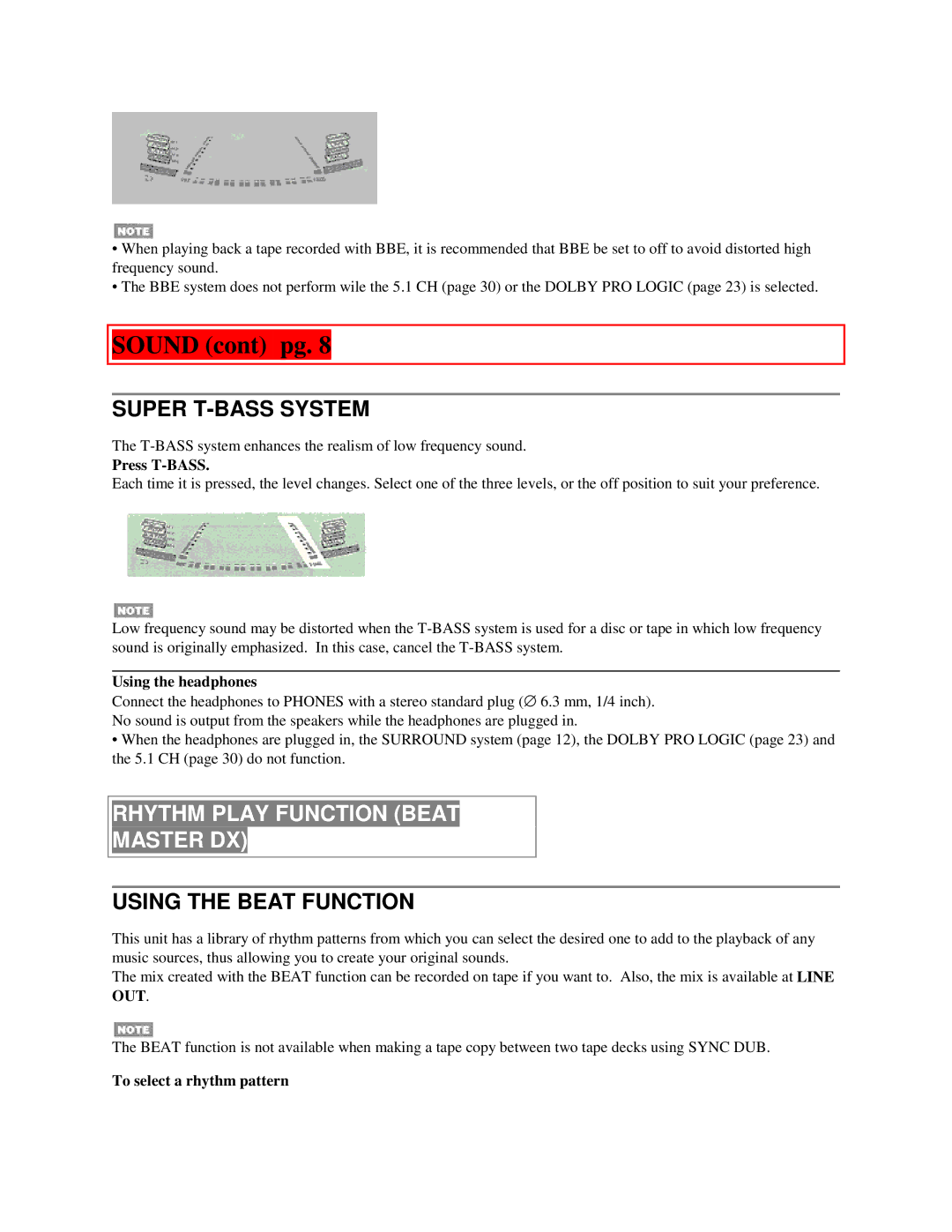 Aiwa NSX-MTD9 manual Sound cont pg, Super T-BASS System, Rhythm Play Function Beat Master DX, Using the Beat Function 