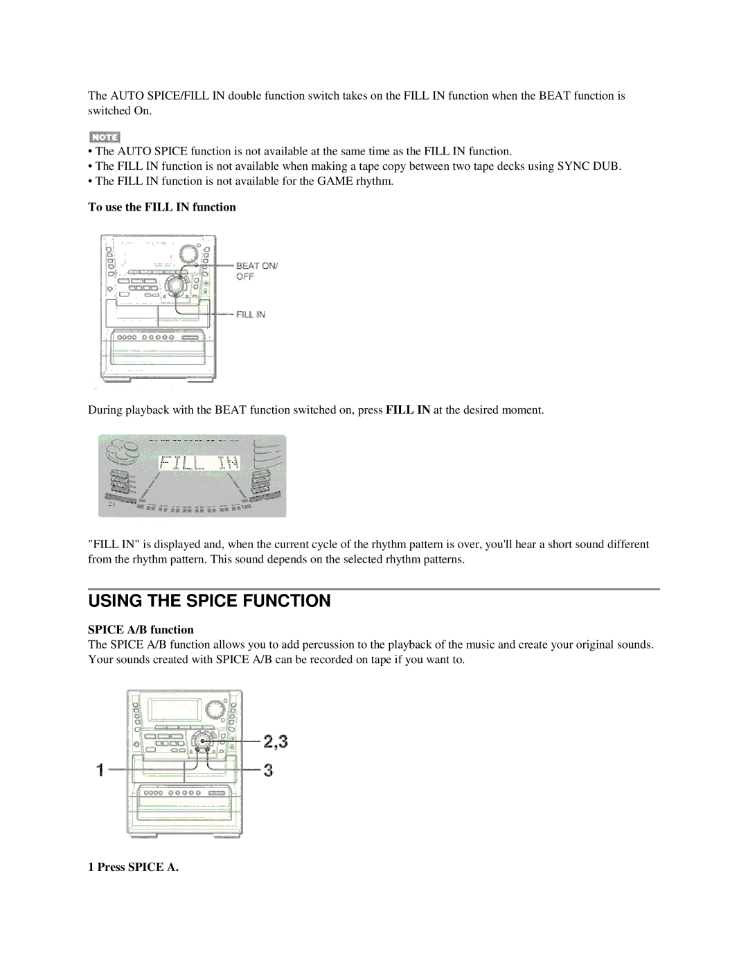 Aiwa NSX-MTD9 manual Using the Spice Function, To use the Fill in function, Spice A/B function, Press Spice a 