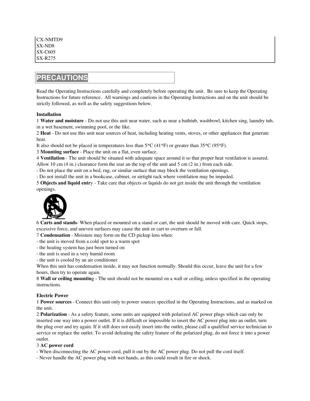 Aiwa NSX-MTD9 manual Precautions, Installation, Electric Power, AC power cord 